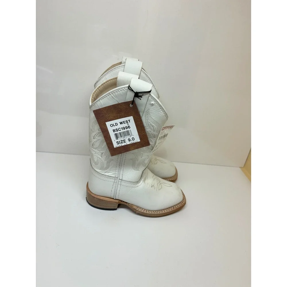 Old West Girls Toddler 9 Cream Leather Square Toe Western Cowboy Boots